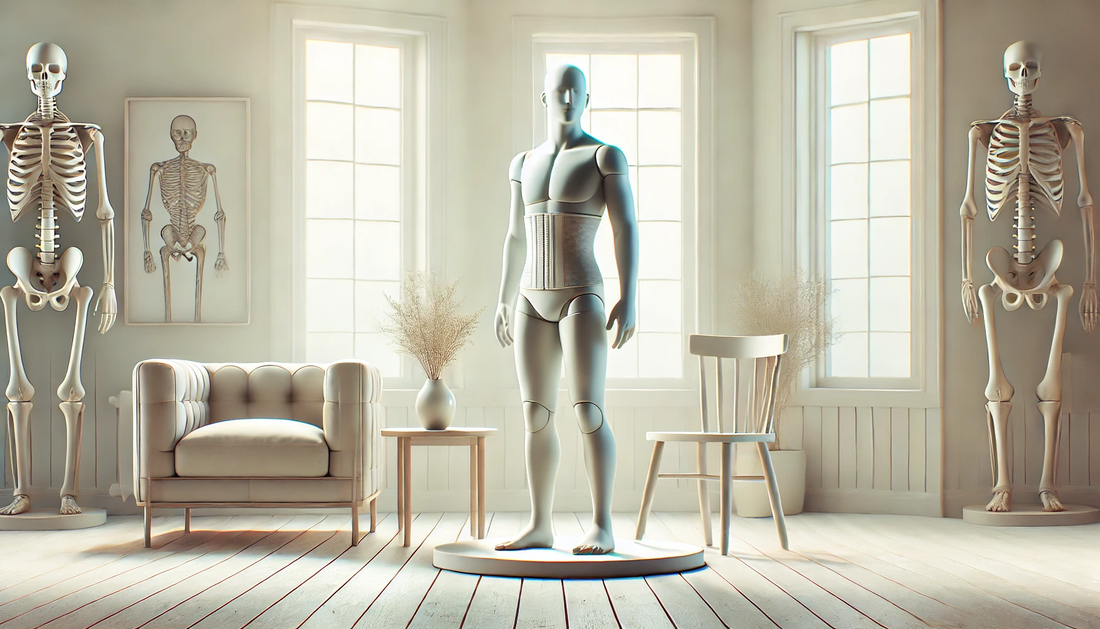 Person with good posture standing in a bright, minimal interior setting with the blog title "How Long Should You Wear a Posture Corrector?" centered at the top.