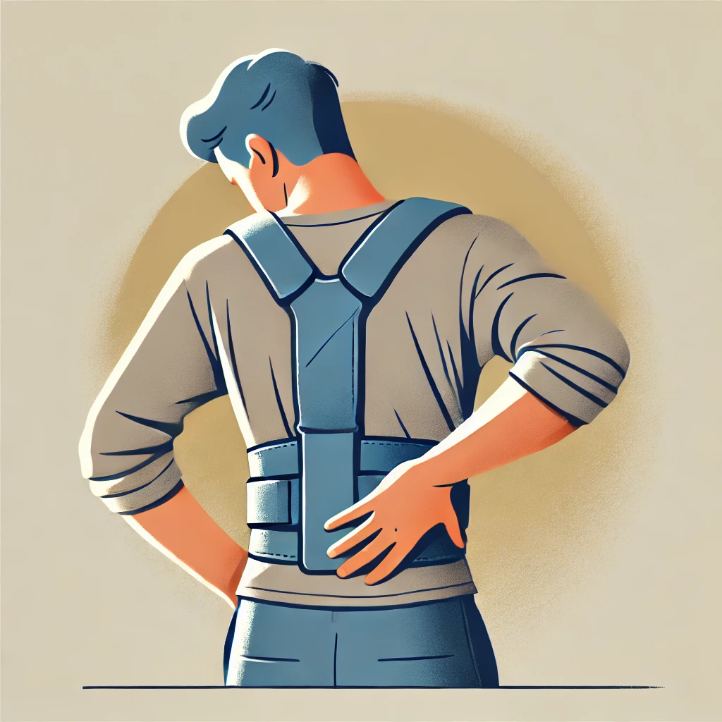 Person wearing posture corrector with back pain and poor posture, illustrating potential negative effects of back braces.