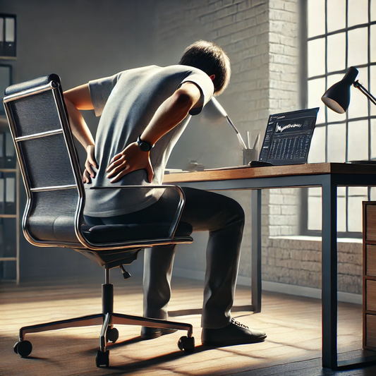 A realistic photo-style image of a person slouching over a desk while working on a computer. The person appears fatigued, with rounded shoulders, head