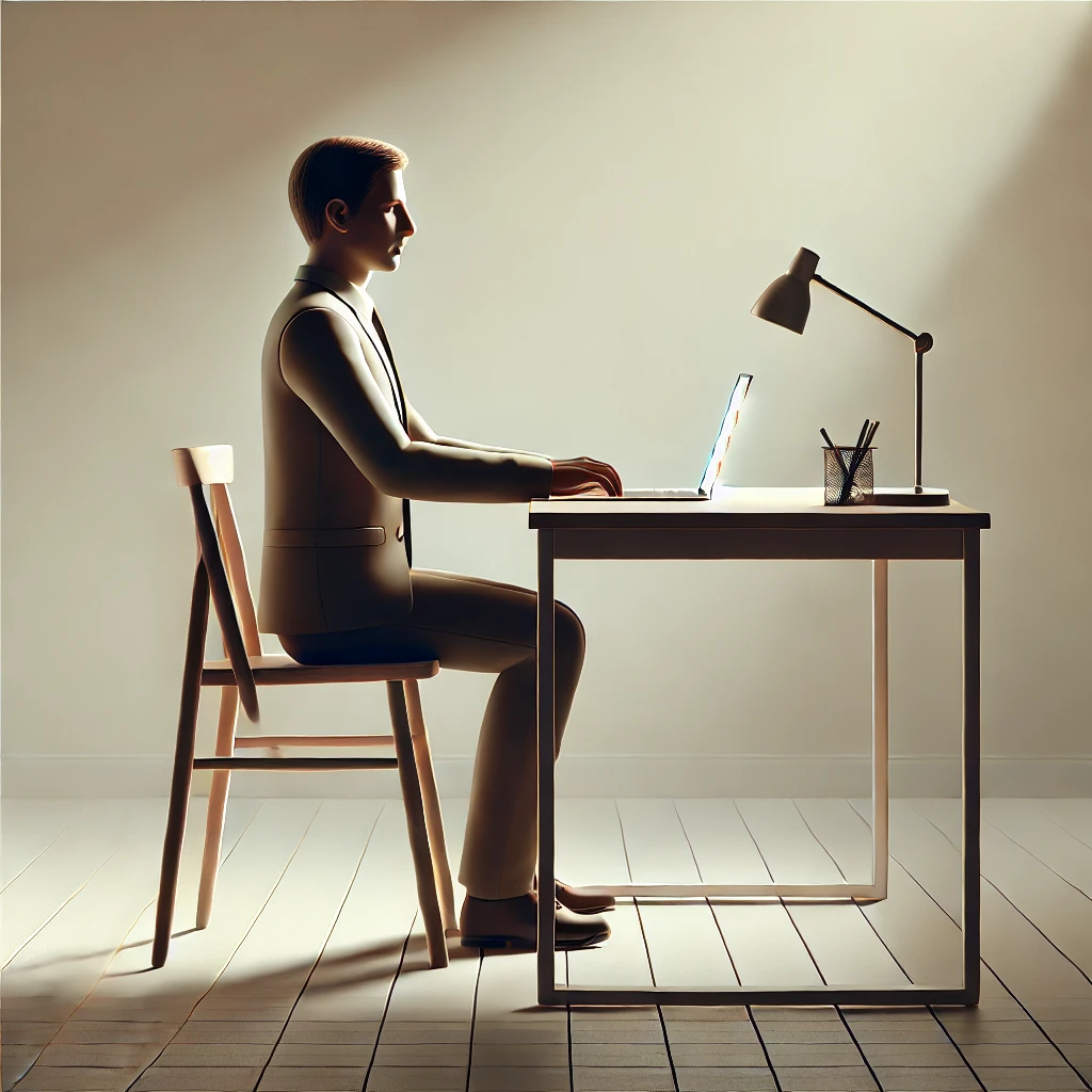 A simple, realistic photo-style image of a person sitting at a desk with good posture. The scene is minimal, with a plain background, a basic desk
