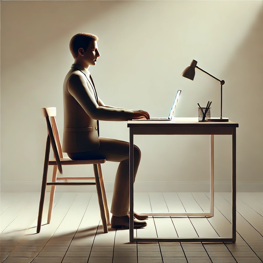 A simple, realistic photo-style image of a person sitting at a desk with good posture. The scene is minimal, with a plain background, a basic desk