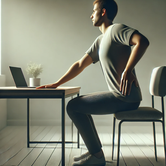 A realistic photo-style image of a single person sitting at a desk, gently stretching while maintaining good posture. The person appears mindful