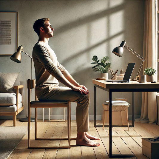 A highly realistic photo-style image of a person sitting upright with natural, good posture at a modern home office desk. The person appears relaxed 