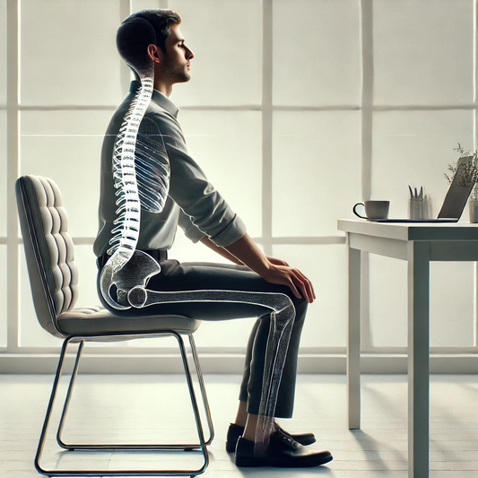 Person sitting upright at a desk demonstrating awareness-based posture and proper spinal alignment.